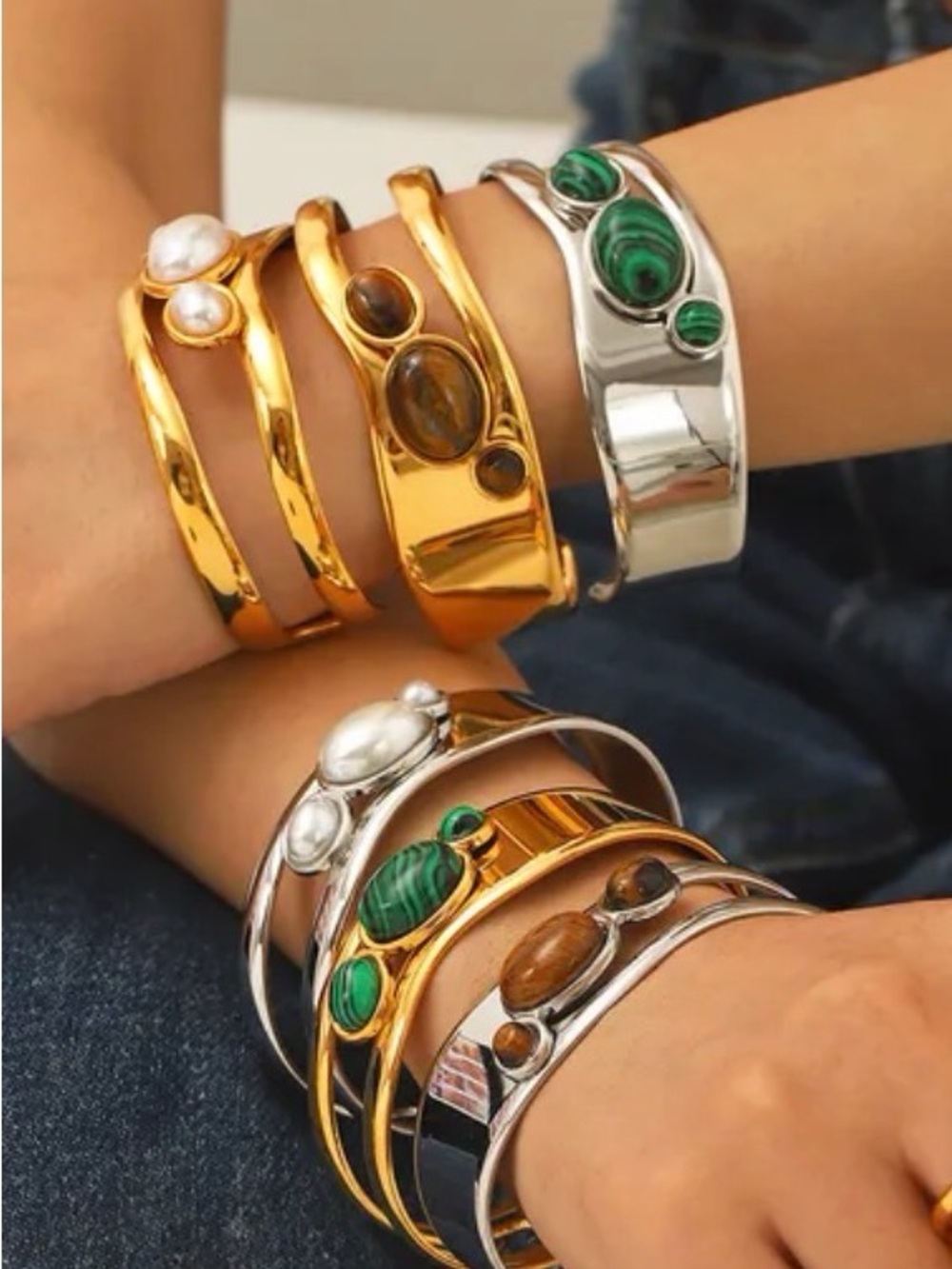 Natural Stone Cuff Bracelet 18KT Gold Plated PVD Coated NWT